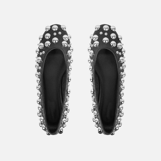 Black Vegan Leather Round Toe Flats with Silver Studs