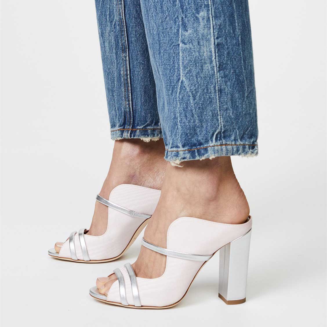 Women's Pink Peep Toe Chunky Heel Strappy Mules Sandals