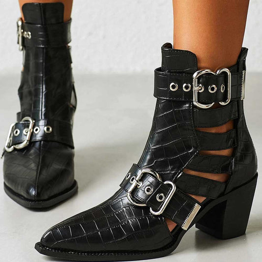 Black Croco Embossed Ankle Boots Cut Out Buckle Heeled Booties