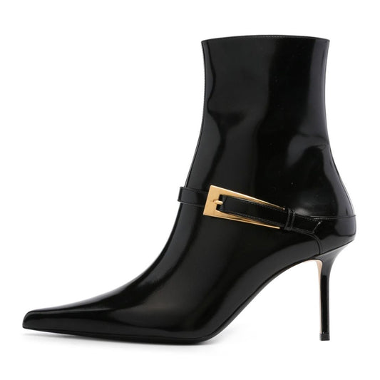Black Pointed Toe Buckle Strap Decor Stiletto Heeled Ankle Boots