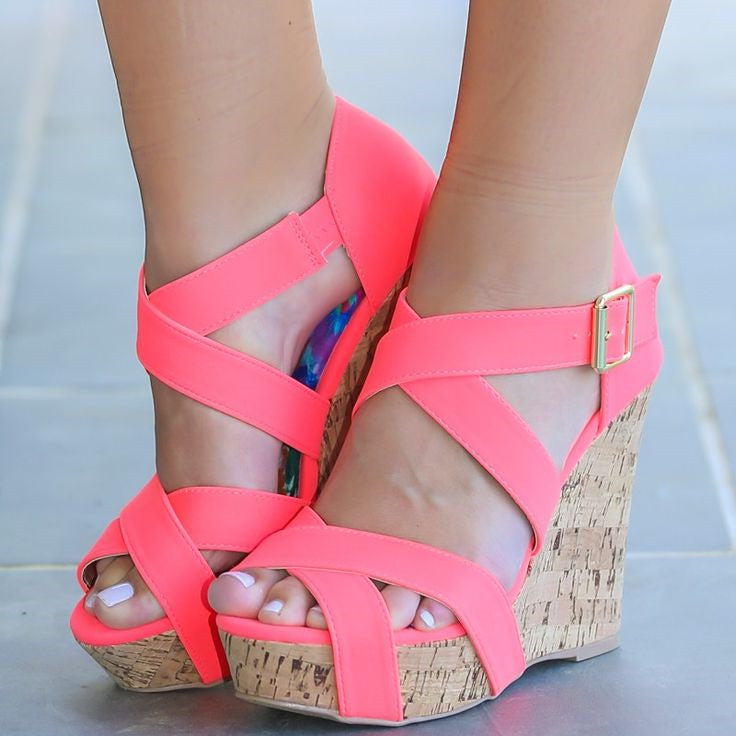 Neon Pink Buckled Crisscross Straps Cork Wedge Heels Platform Sandals