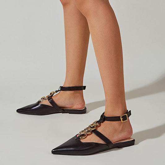 Women's Chain Embellished T Strap Pointed Toe Flats in Black