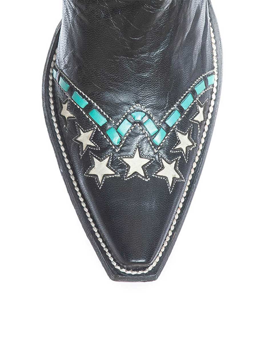 Black Vegan Leather Snip Toe Star Patch-Work Cowgirl Ankle Boots With Chunky Heels