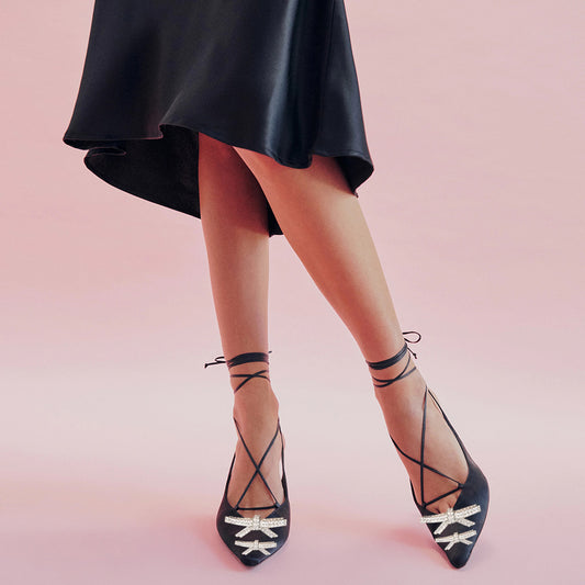 Women's Satin Pointed Toe Rhinestone Bow Decor Lace Up Black Pumps