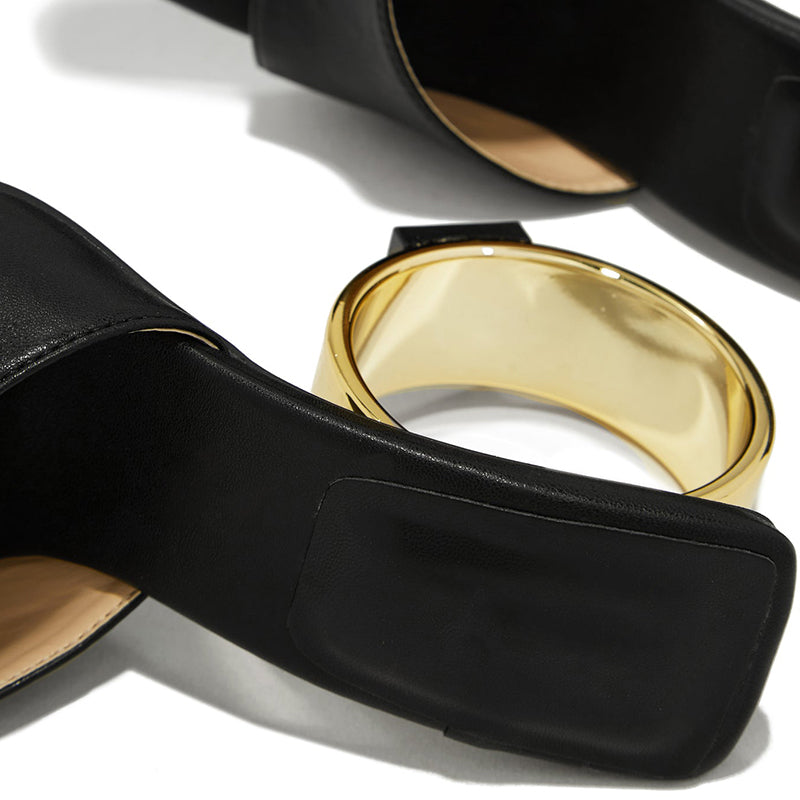 Black Faux Leather Square Toe Sculptural Heel Mules