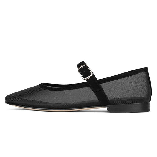 Black Mesh Round Toe Mary Jane Ballet Flats