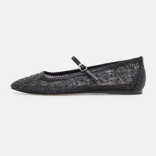 Black All-Over Rhinestone Square Toe Buckle Strap Mesh Flats