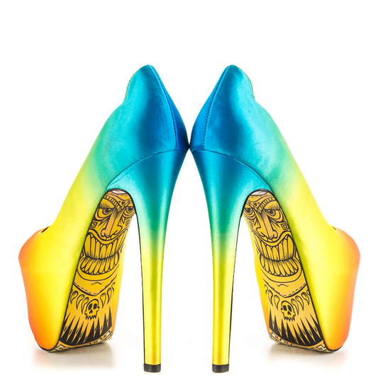 Women's Multicolor Satin Peep Toe Platform Pumps with Printed Outsole