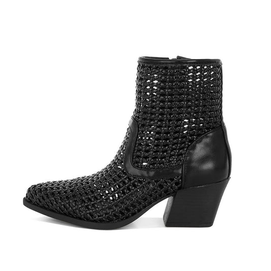Women's Summer Pointed Toe Woven Side Zipper Black Heel Booties