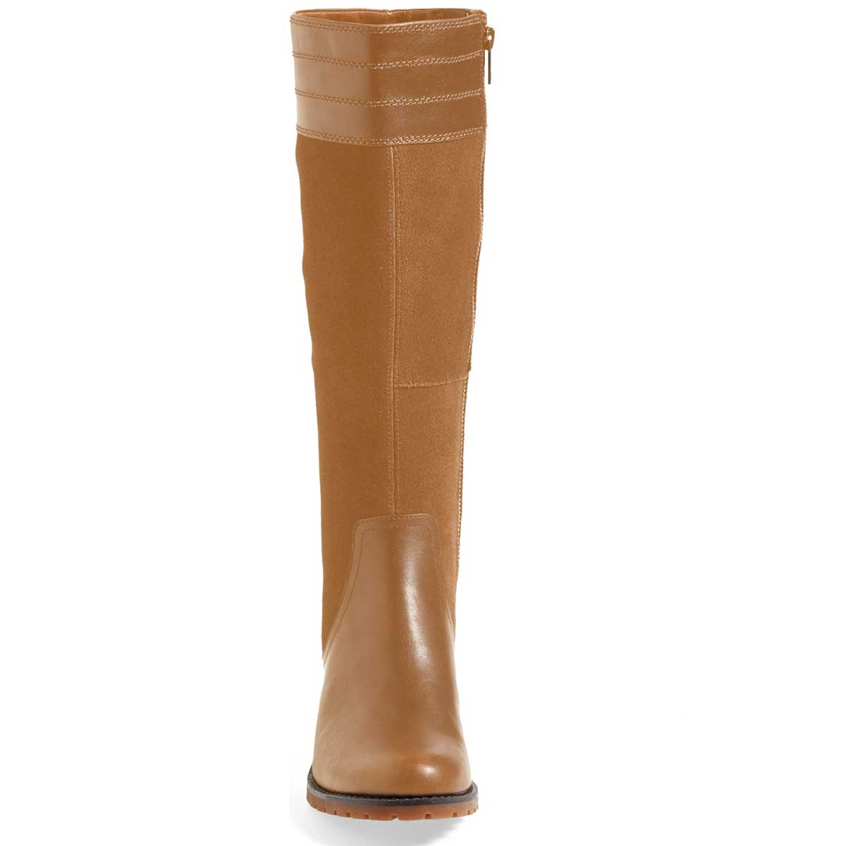 Tan Round Toe Low Chunky Heel Patchwork Design Knee High Boots
