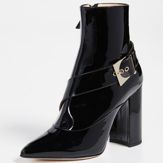 Black Patent Leather Buckle Strap Ankle Boots with Chunky Heels