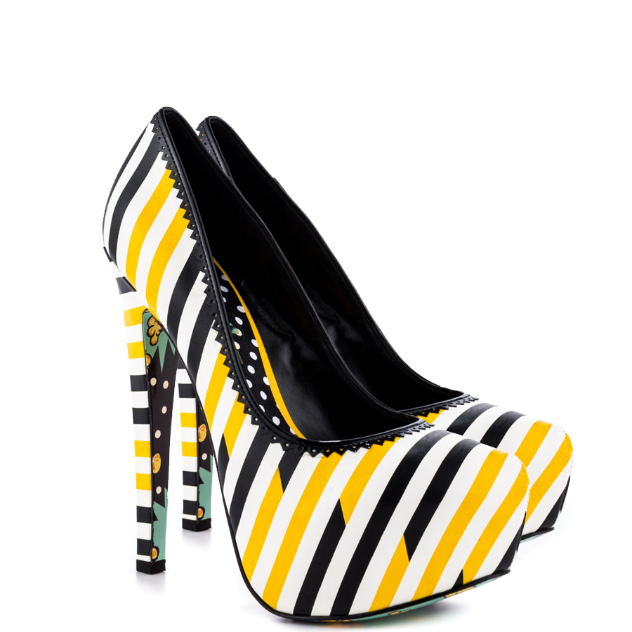 Yellow and Black Striped Print Closed Toe High Heels Platform Pumps
