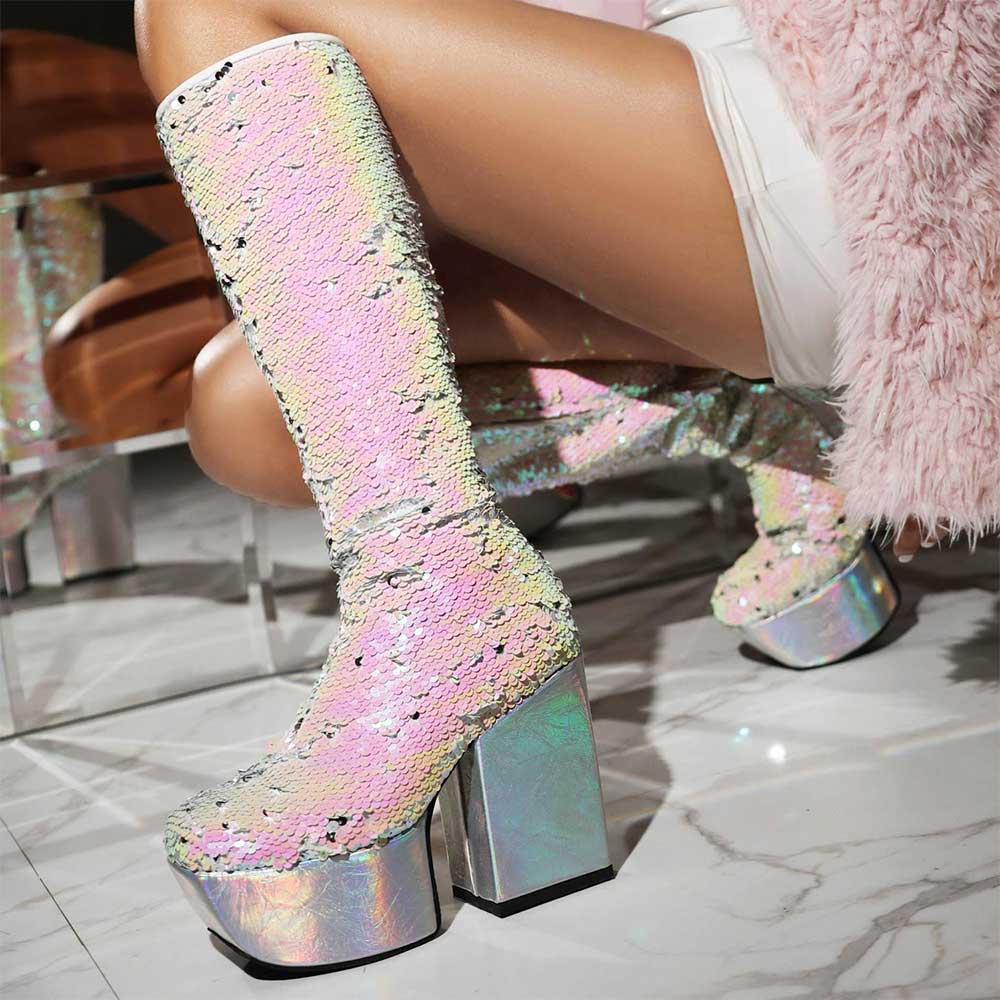 Pink Sequin Block Heel Side Zipper Platform Knee High Boots