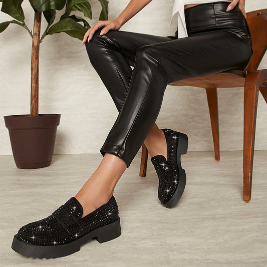 Trendy Black Round Toe Rhinestone Chunky Loafers for Women