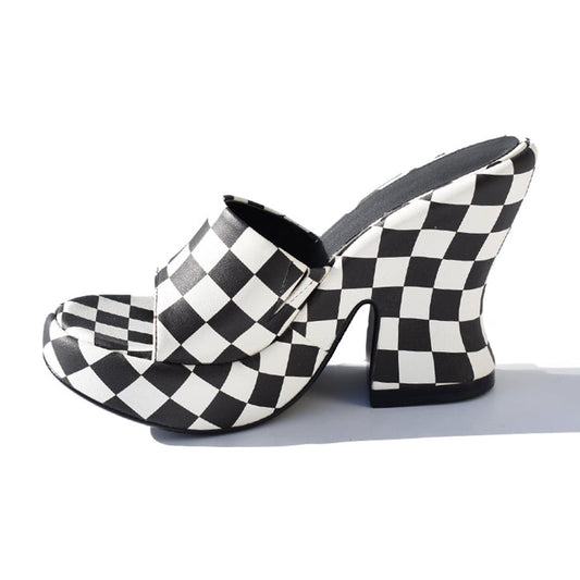 Black & White Plaid Open Toe Heeled Mules Sandals with Platform