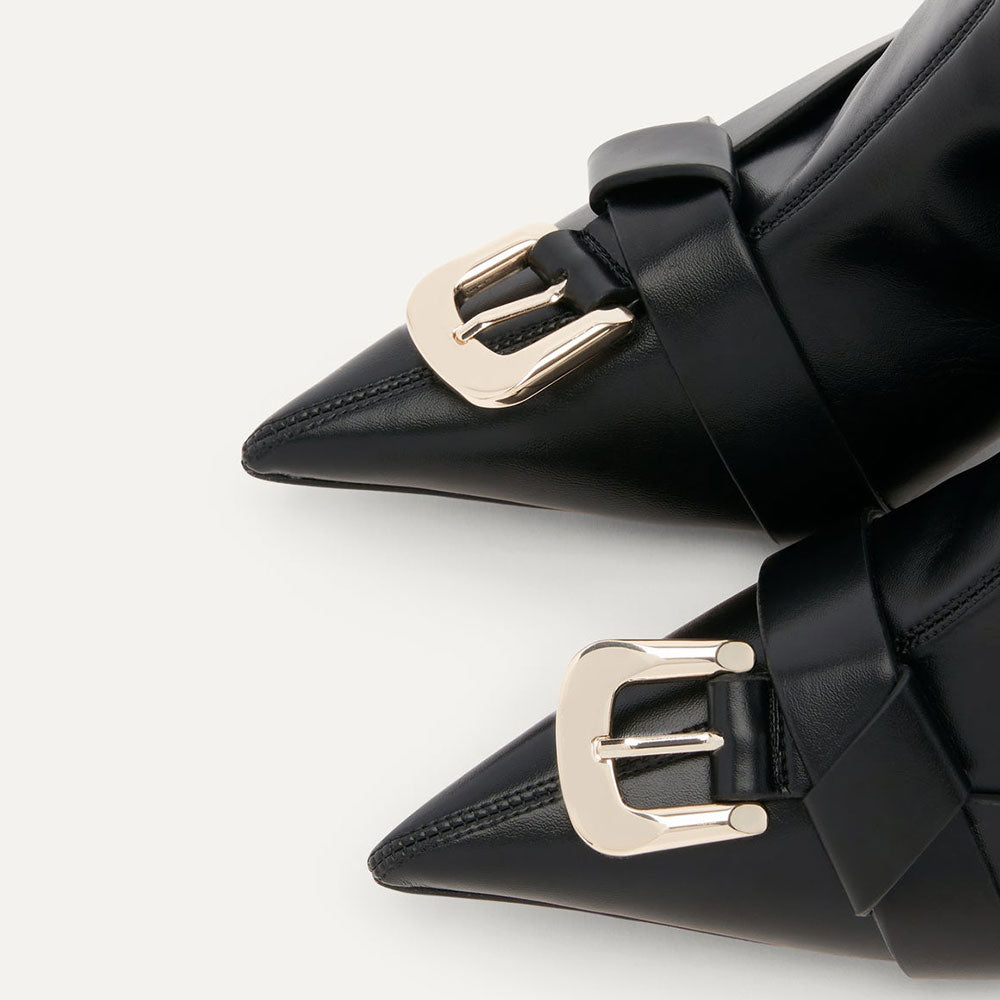 Pointy Toe Sculptural Heel Buckle Knotted Knee High Boots in Black