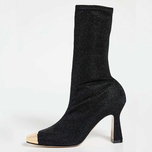 Black Metallic Knit Chunky Heel Mid Calf Boots with Gold-Tone Toe Cap