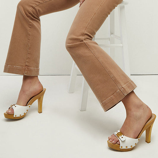 Women's Ivory Open Toe Heeled Clogs Vintage Studs Platform Mules