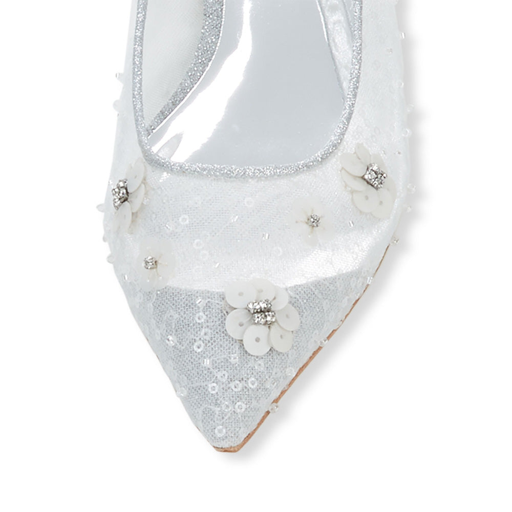 Stylish Silver Glitter Patchwork Pointed Toe Sequin Flower Flats