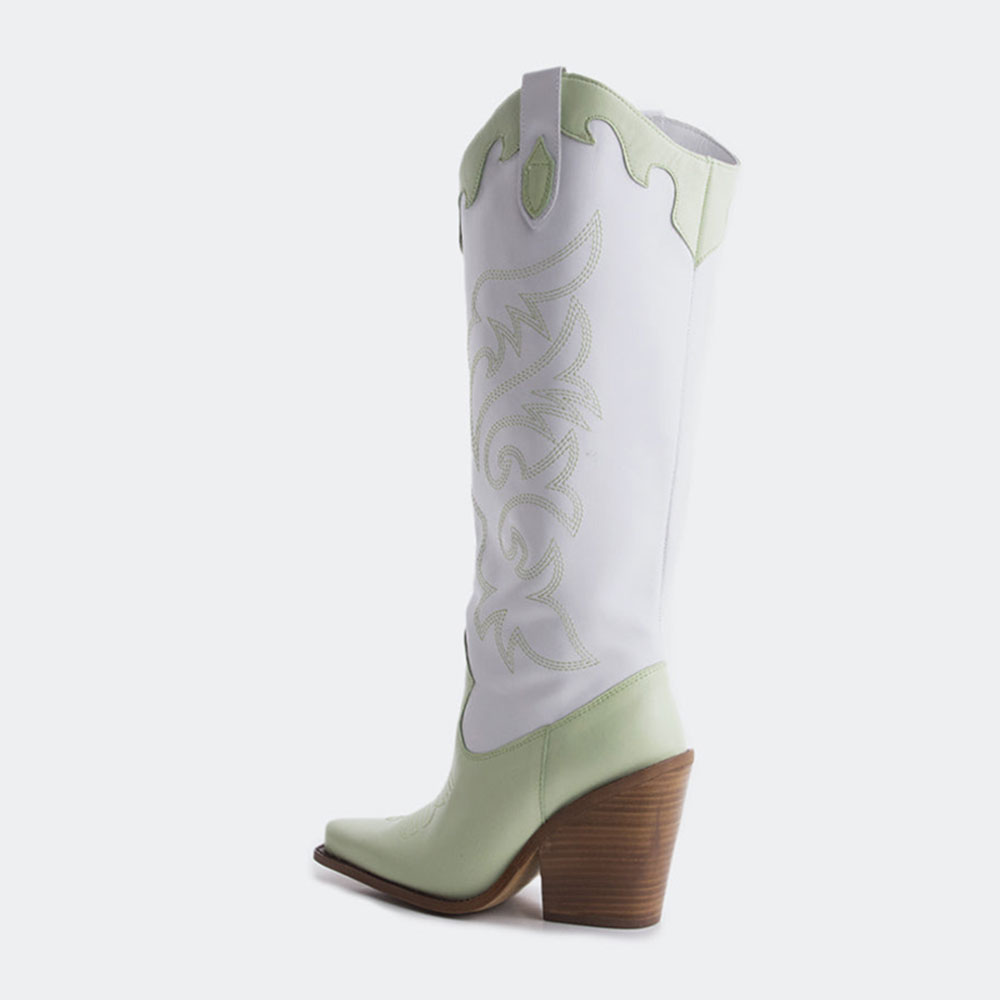Light Green & White Snip Toe Cowgirl Knee High Boots with Embroidery