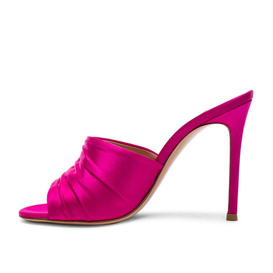 Women's Hot Pink Peep Toe Ruched Stiletto Heel Mules Sandals
