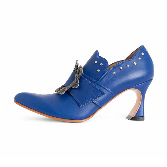 Blue Curved-Edged Pointed Toe Buckle Heeled Loafers with Studs