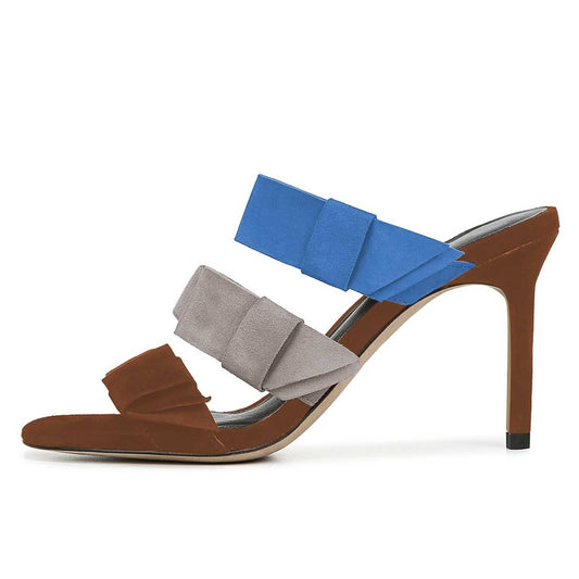 Triple Color Vegan Suede Open Toe Bow Strap Stiletto Heeled Mules