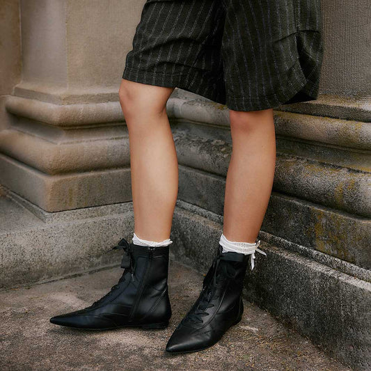 Black Pointed Toe Lace-Up Flat Ankle Boots for Women with Side Zipper