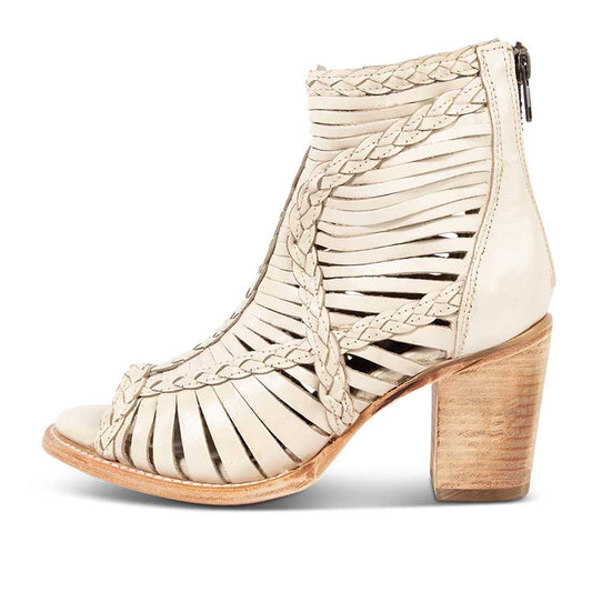 Beige Braided Hollow-Out Peep Toe Chunky Heel Ankle Boots with Zipper