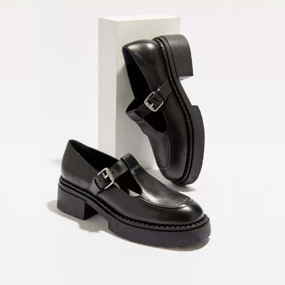 Black T-strap Shoes With Platform Chunky Low Heel Loafers