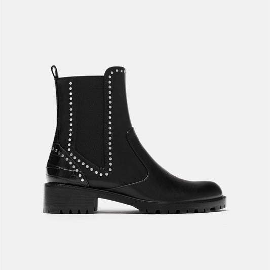 Black Vegan Leather Chelsea Boots Round Toe Studs Ankle Boots