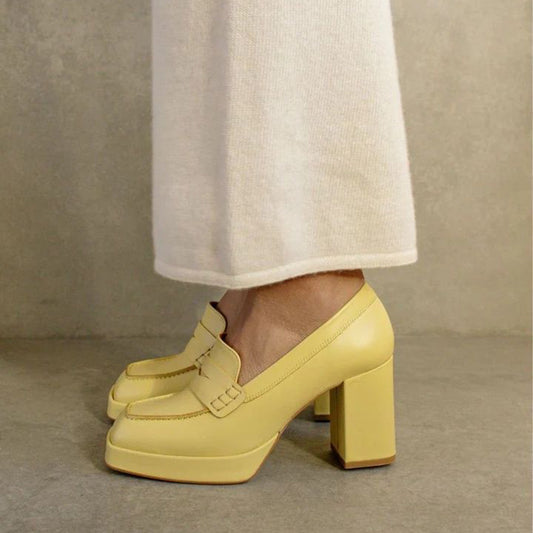 Stylish Yellow Square-Toe Block Heel Platform Penny Loafers for Women