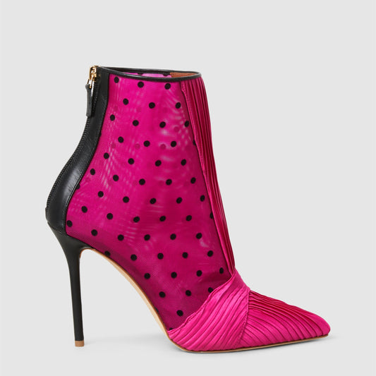 Fuchsia Mesh Polka Dots Stiletto Heel Pleated Satin Ankle Boots