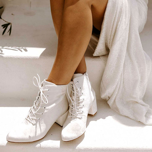 White Velvet Almond Toe Block Heel Lace-Up Ankle Boots with Zipper