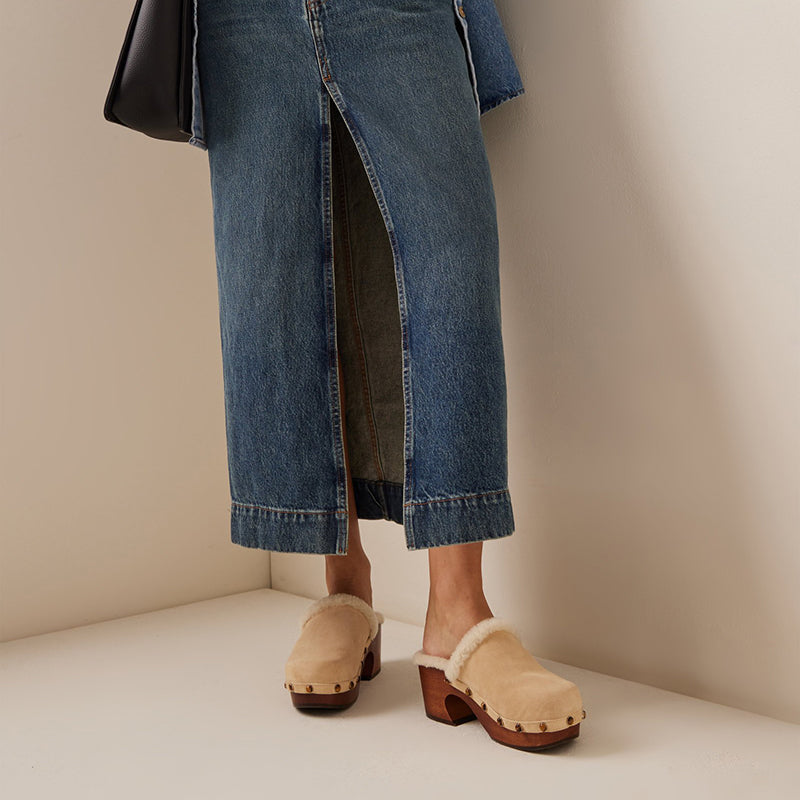 Beige Platform Mules Vintage Vegan Suede Block Heel Winter Clogs