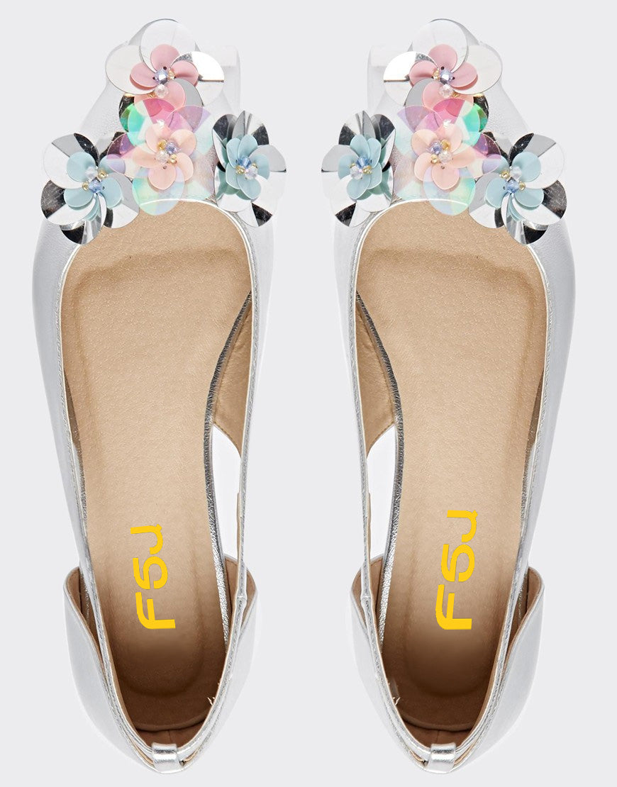 Silver Metallic Finish Pointed Toe Sequin Flower Wedding Flats