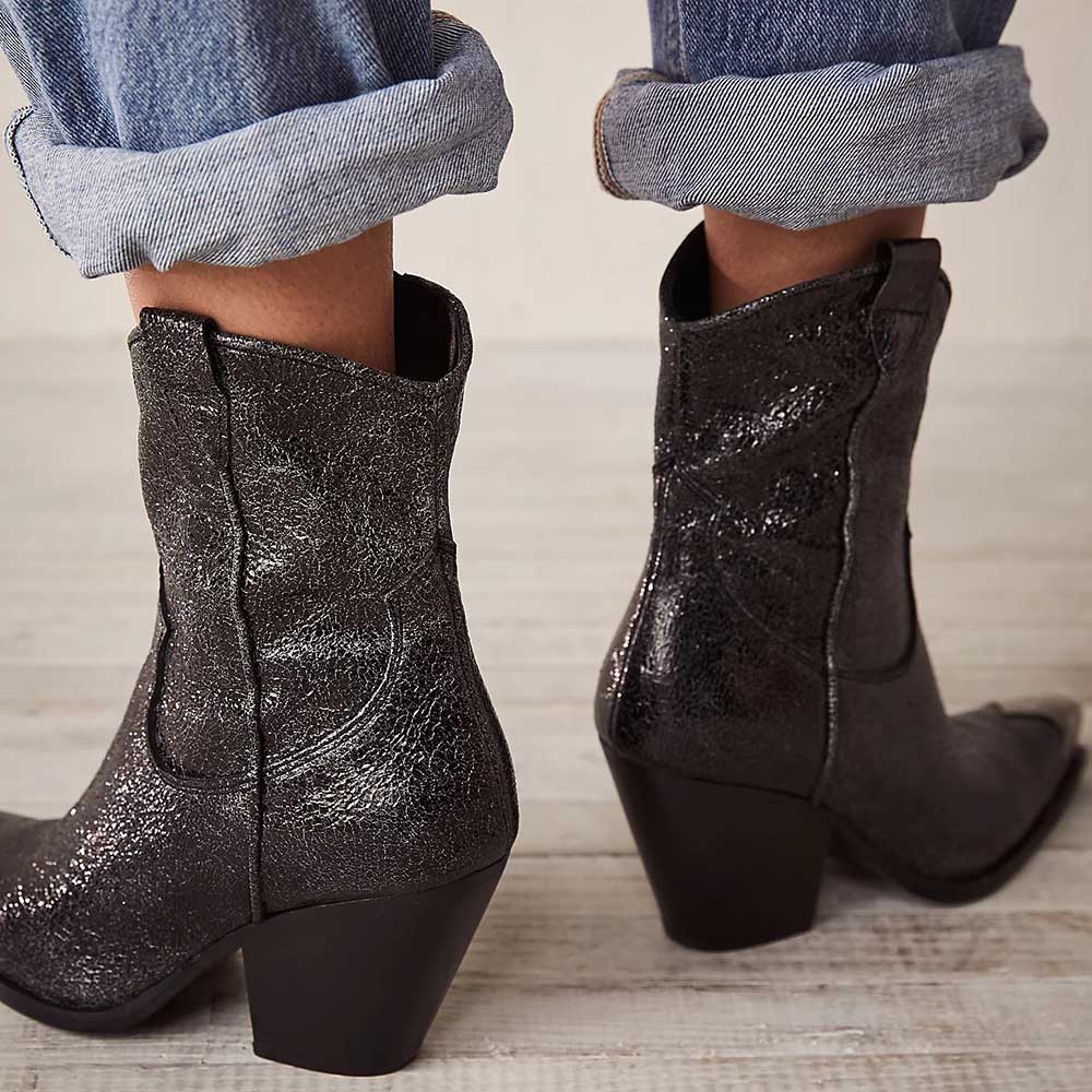 Black Metallic Snip Toe Chunky Heel Cowgirl Ankle Boots with Zipper