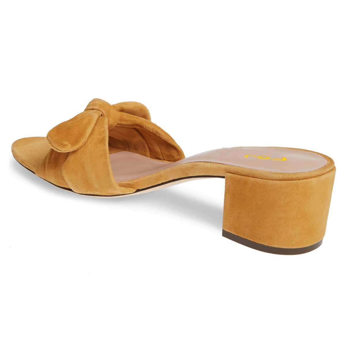 Yellow Vegan Suede Block Heel Knotted Mules for Women