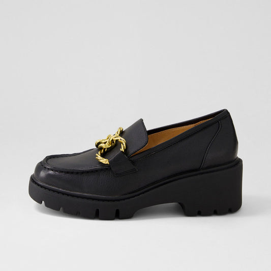 Women's Black Round Toe Chain Platform Loafers with Chunky Heels