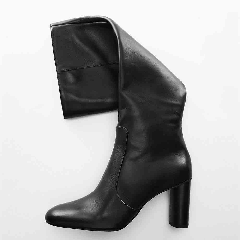 Black Round Toe Shoes Women's Classic Block Heel Knee High Boots