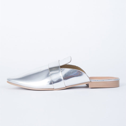 Metallic Silver Round Toe Flat Mule Loafers for Women