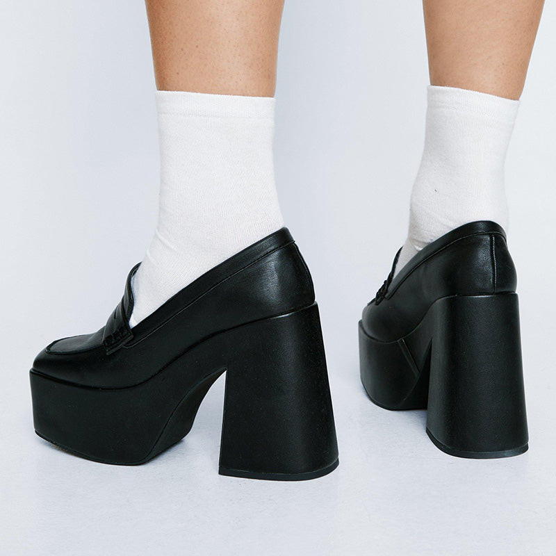 Classic Black Platform Loafers Square Toe Chunky Heel Vintage Shoes