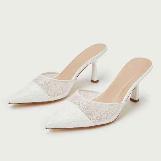 White Vegan Leather Pointed Toe 3'' Kitten Heel Rhinestone Mules