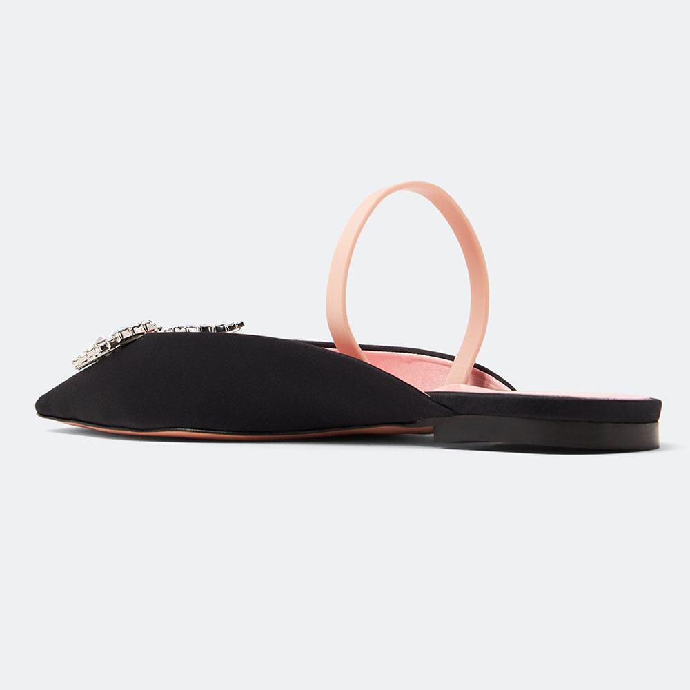 Black Satin Square Toe Rhinestone Embellished Mule Flats with Strap