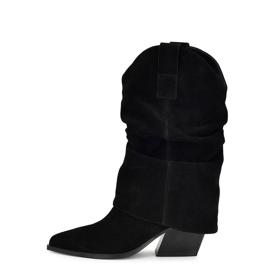 Black Faux Suede Closed Toe Chunky Heel Fold Over Knee High Boots