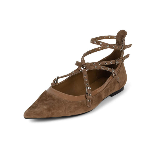 Brown Pointed Toe Buckle Strappy Ballet Flats with Bow