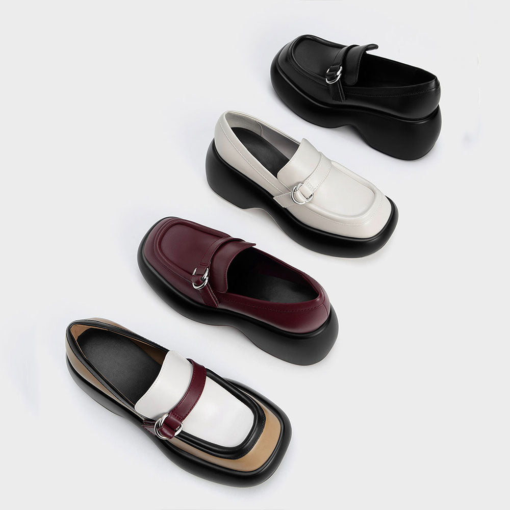 Multicolor Square Toe Buckled Platform Loafers for Women