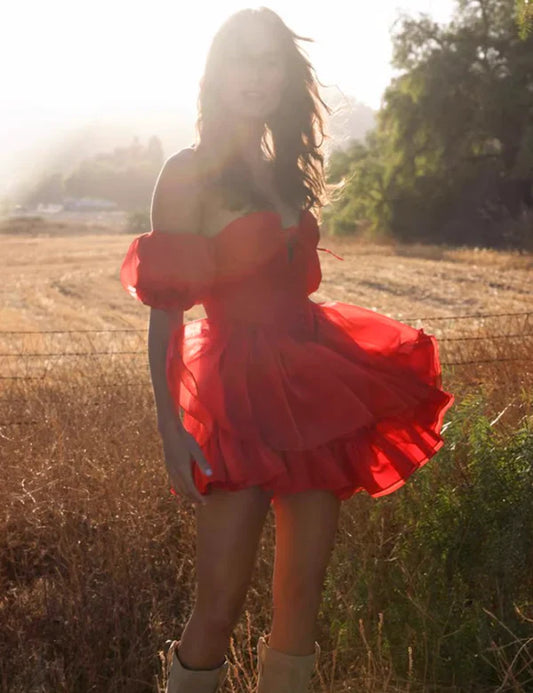 Cute Red Off-the-shoulder Short A-Line Party Dress Cocktail Dress Homecoming Dress TP4428