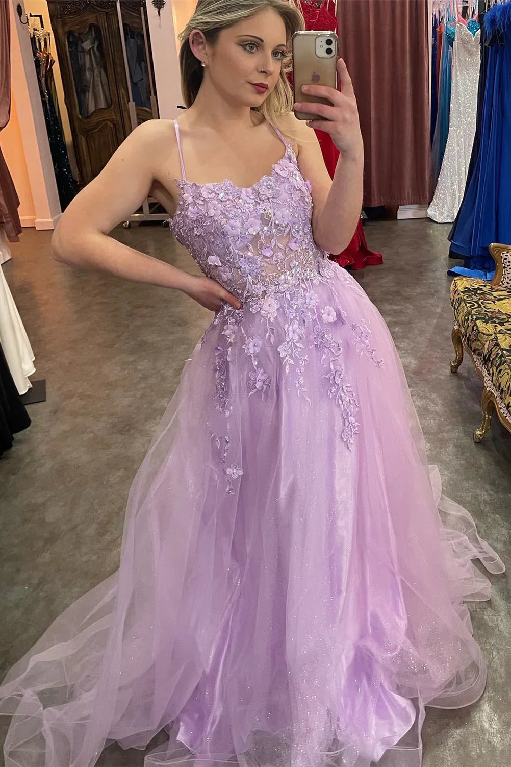 Spaghetti Straps Lilac Floral Appliques Evening Prom Dresses