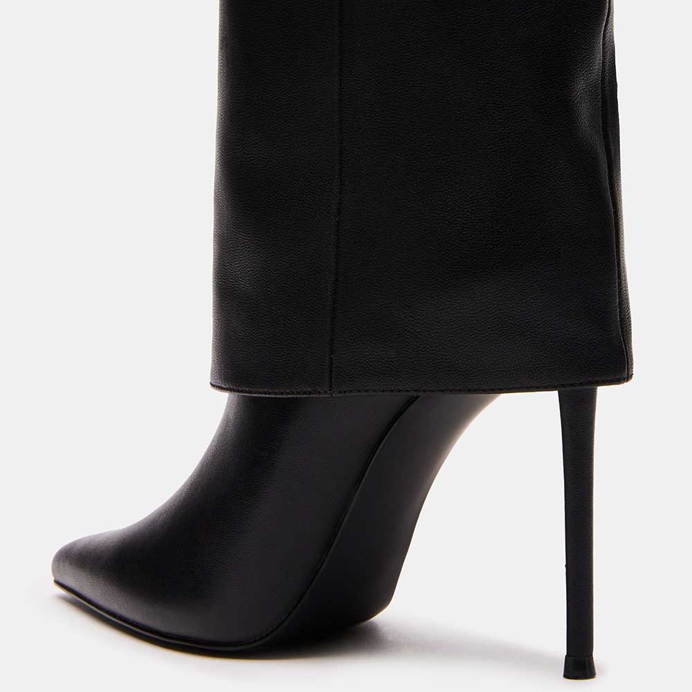 Vegan Leather Pointed Stiletto Heel Fold-Over Knee High Boots in Black